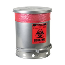 Justrite 05934 Biohazard Waste Can With Foot Operated Self-Closing SoundGard Cover, 10 gal Capacity, 13.937 in Dia, 18-1/4 in H, Steel, Silver