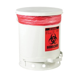 Justrite 05935 Biohazard Waste Can With Foot Operated Self-Closing SoundGard Cover, 10 gal Capacity, 13.937 in Dia, 18-1/4 in H, Steel, White