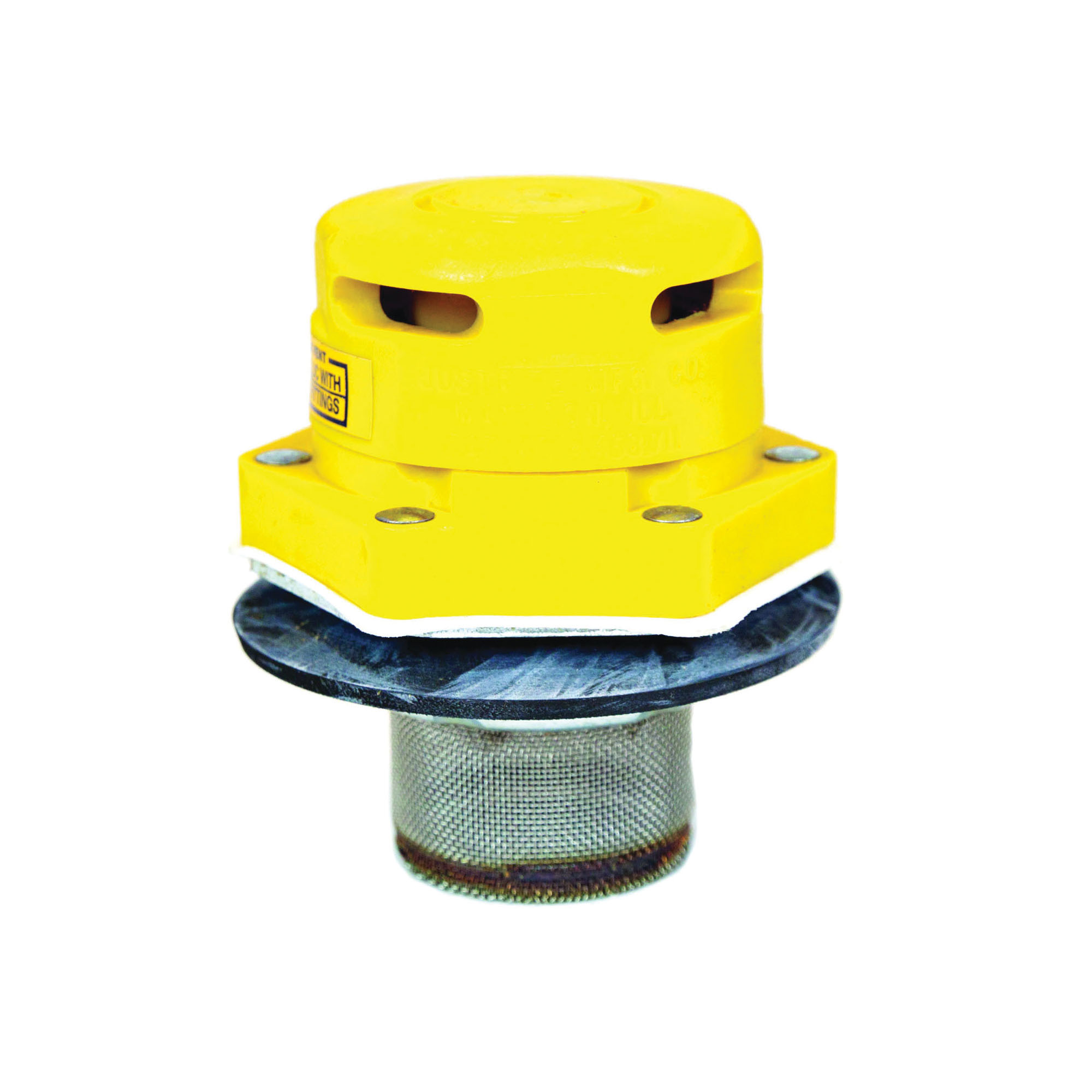 Justrite 08005 Vertical Drum Vent, 2 in NPT/NPS Bung, Plated Steel Flame Arrestor, 31 mm H x 76 mm W x 86 mm D, For Use With 205 L Petroleum Based Solvent Drums, Polyethylene, Yellow
