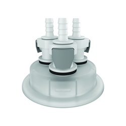 Justrite 12871 Carboy Cap Adapter With (3) 1/4 in Hose Barbs and Quick-Connects, 3.2 in Dia x 83 mm Mouth, Polypropylene, White