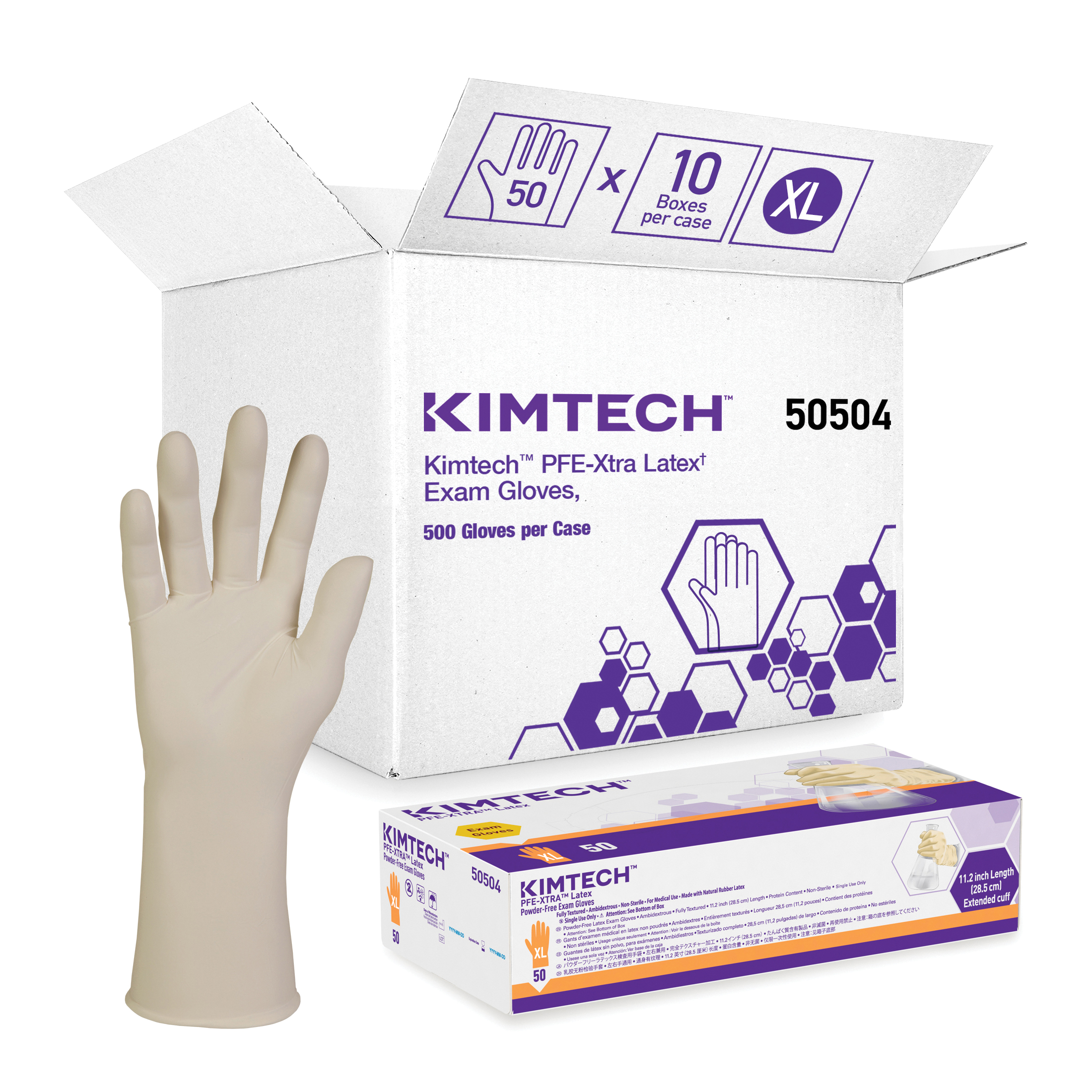 Kimtech* 50504 XTRA-PFE* Disposable Gloves, XL, Natural Rubber Latex, Natural, 12 in L, Non-Powdered, Textured, 10.2 mil THK, Application Type: Exam/Medical Grade, Ambidextrous Hand