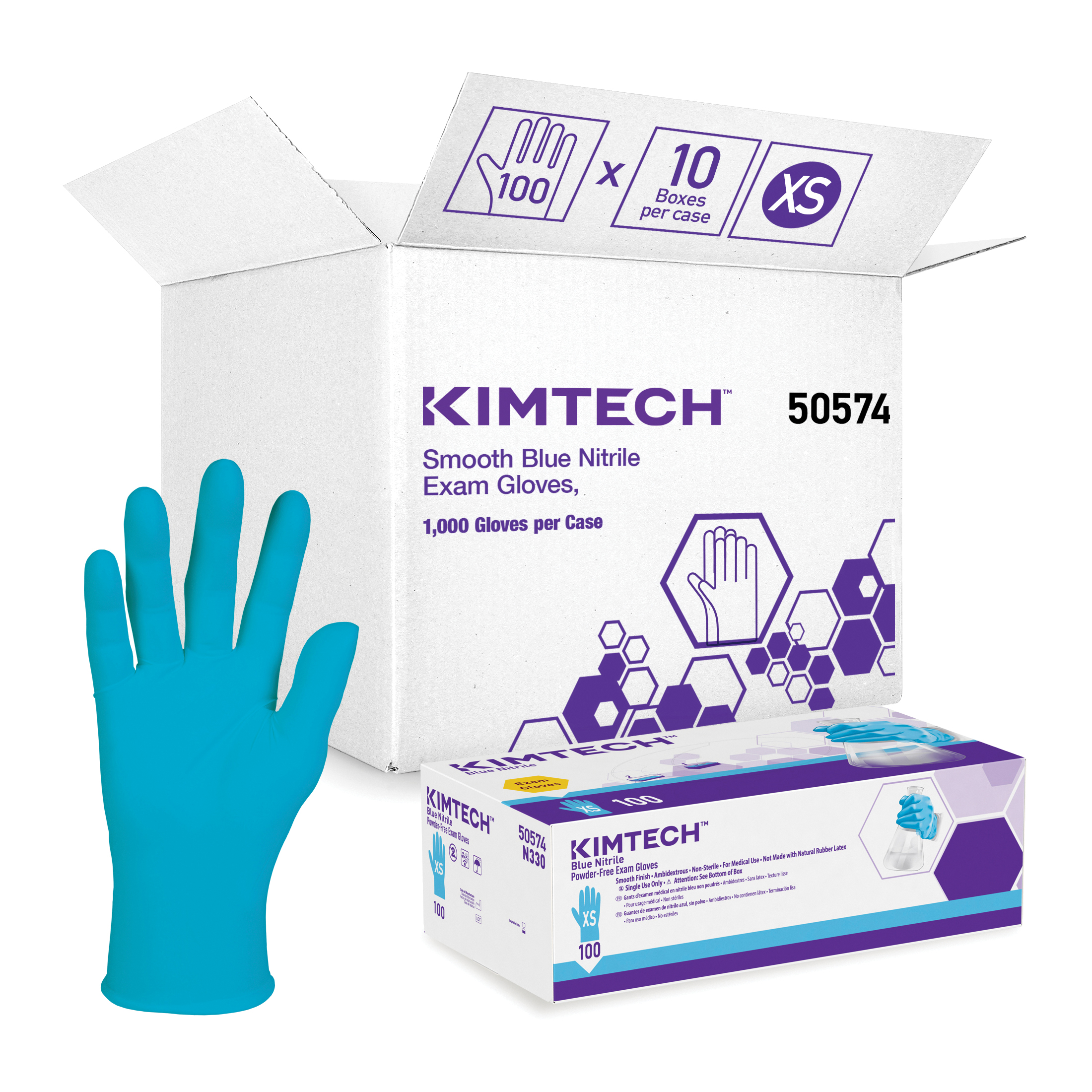 Kimtech* 50574 Disposable Gloves, XS, Nitrile, Blue, 9-1/2 in L, Non-Powdered, Textured/Smooth, 6 mil THK, Application Type: Exam/Medical Grade, Ambidextrous Hand