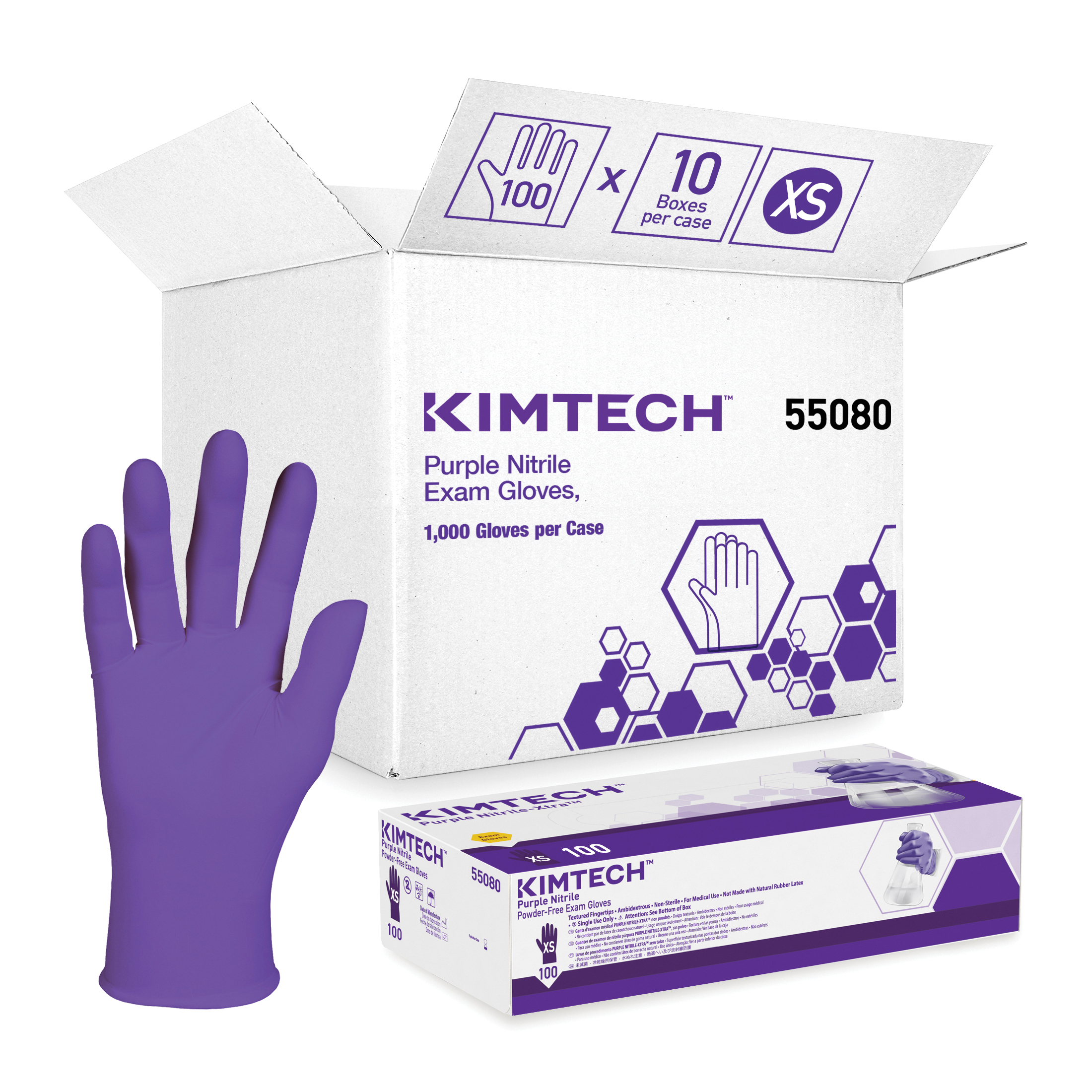 Kimberly-Clark* 55080 Disposable Gloves, XS, Nitrile Polymer, Purple, 9-1/2 in L, Non-Powdered, Textured, 6 mil THK, Application Type: Exam/Medical Grade, Ambidextrous Hand