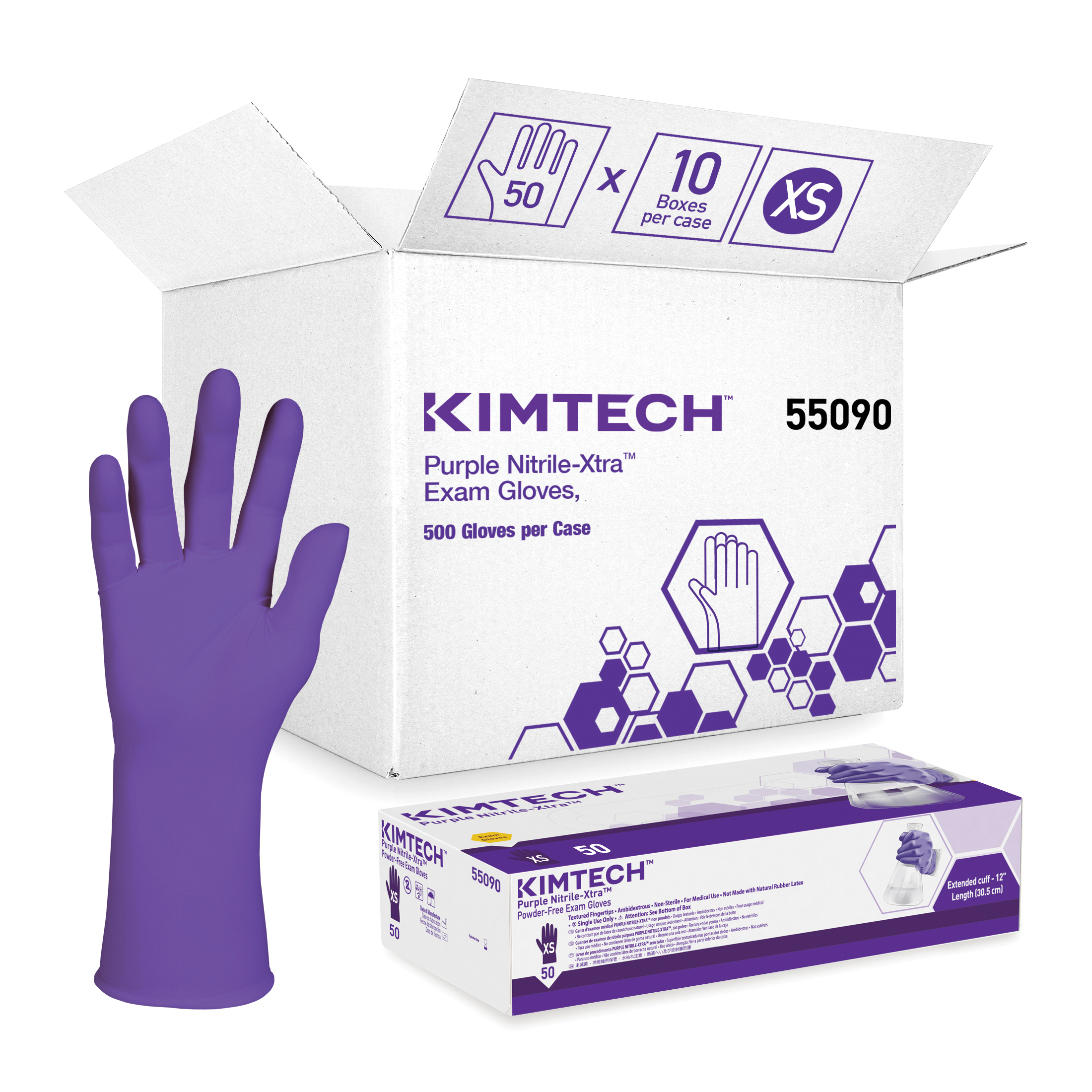 Kimberly-Clark* 55090 Disposable Gloves, XS, Nitrile Polymer, Purple, 12 in L, Non-Powdered, Textured, 4.7 mil THK, Application Type: Exam/Medical Grade, Ambidextrous Hand