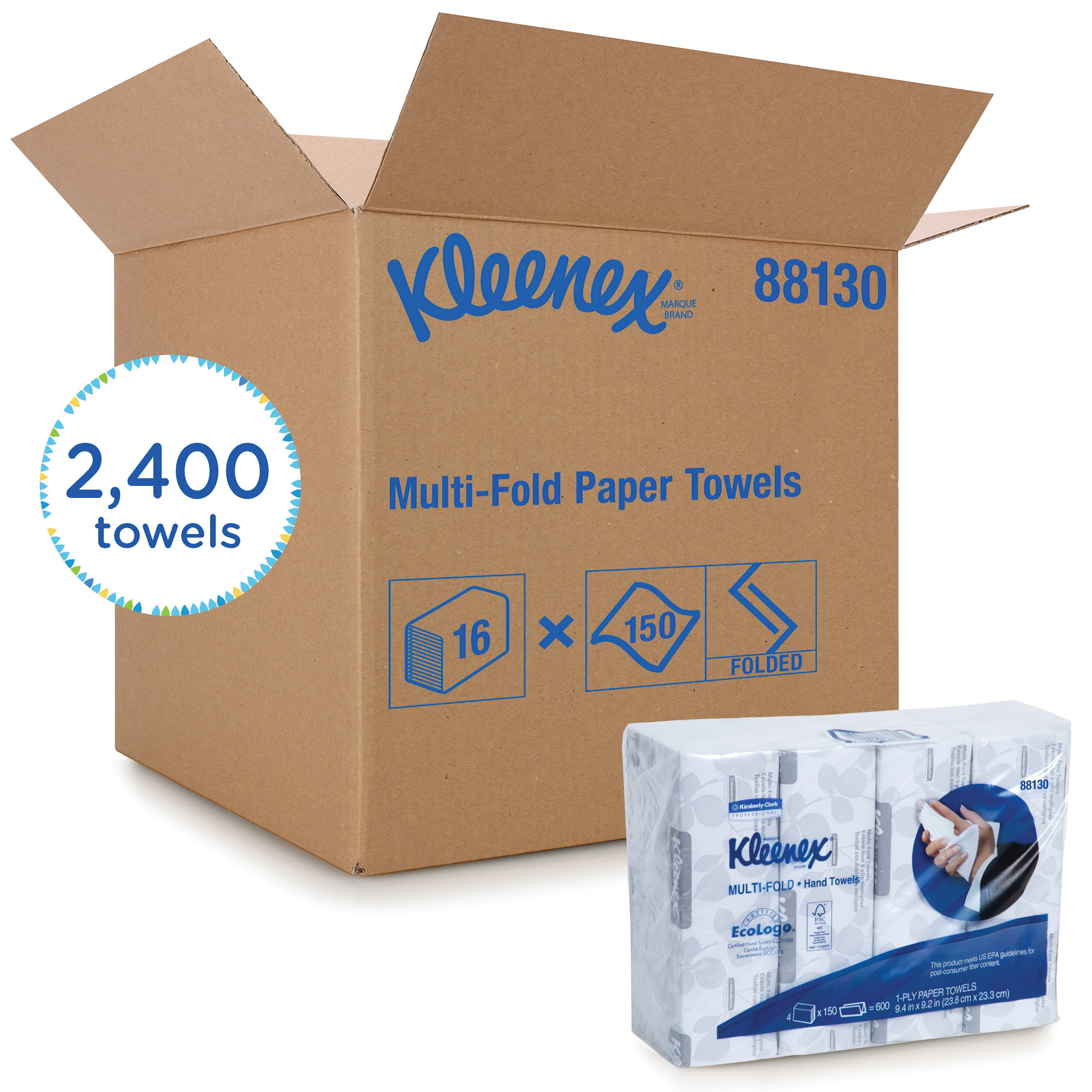 Kleenex 88130 Multi-Fold Towel, 150 Sheets, 1 Plys, Paper, White, 9.2 in W