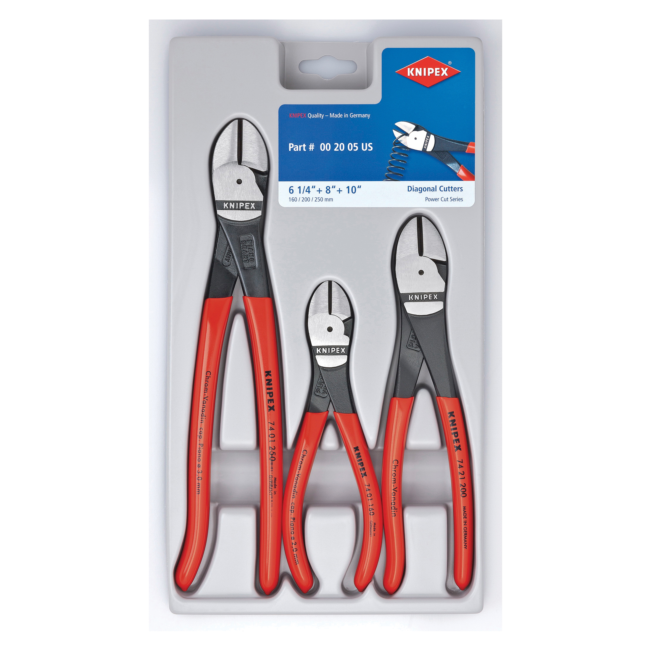 Knipex 00 20 05 US Diagonal Cutter Set, High Leverage, 3 Pieces, Diagonal Jaw Surface