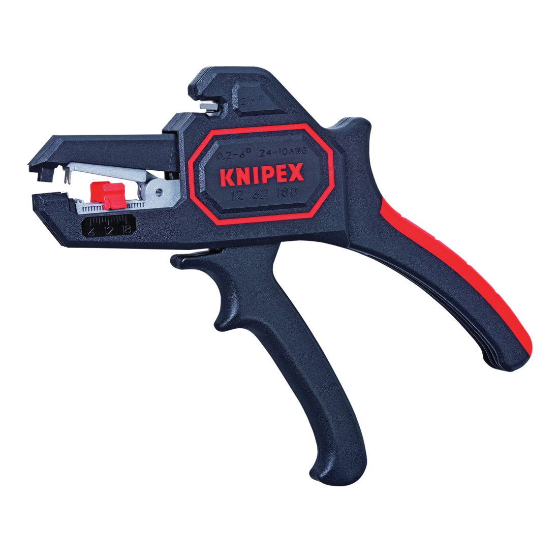 Knipex 12 62 180 Automatic Wire Stripper With Opening Spring, 24 to 10 AWG Solid/Stranded Cable, 7-1/4 in OAL, 0.2 to 6 sq-mm Shearing, Plastic Body