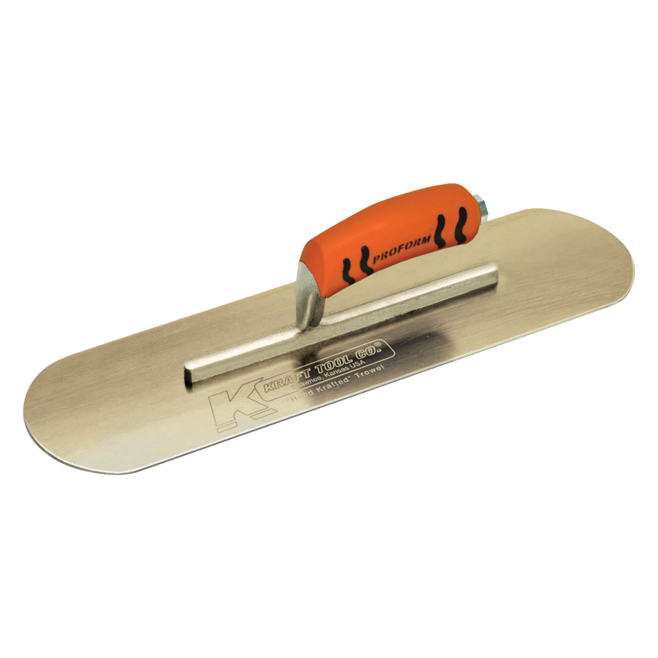Kraft Tool Co. CF279PF Short Shank Pool Trowel, 16 in L x 4 in W, Golden Stainless Steel Blade, Soft Grip ProForm Handle, Round End