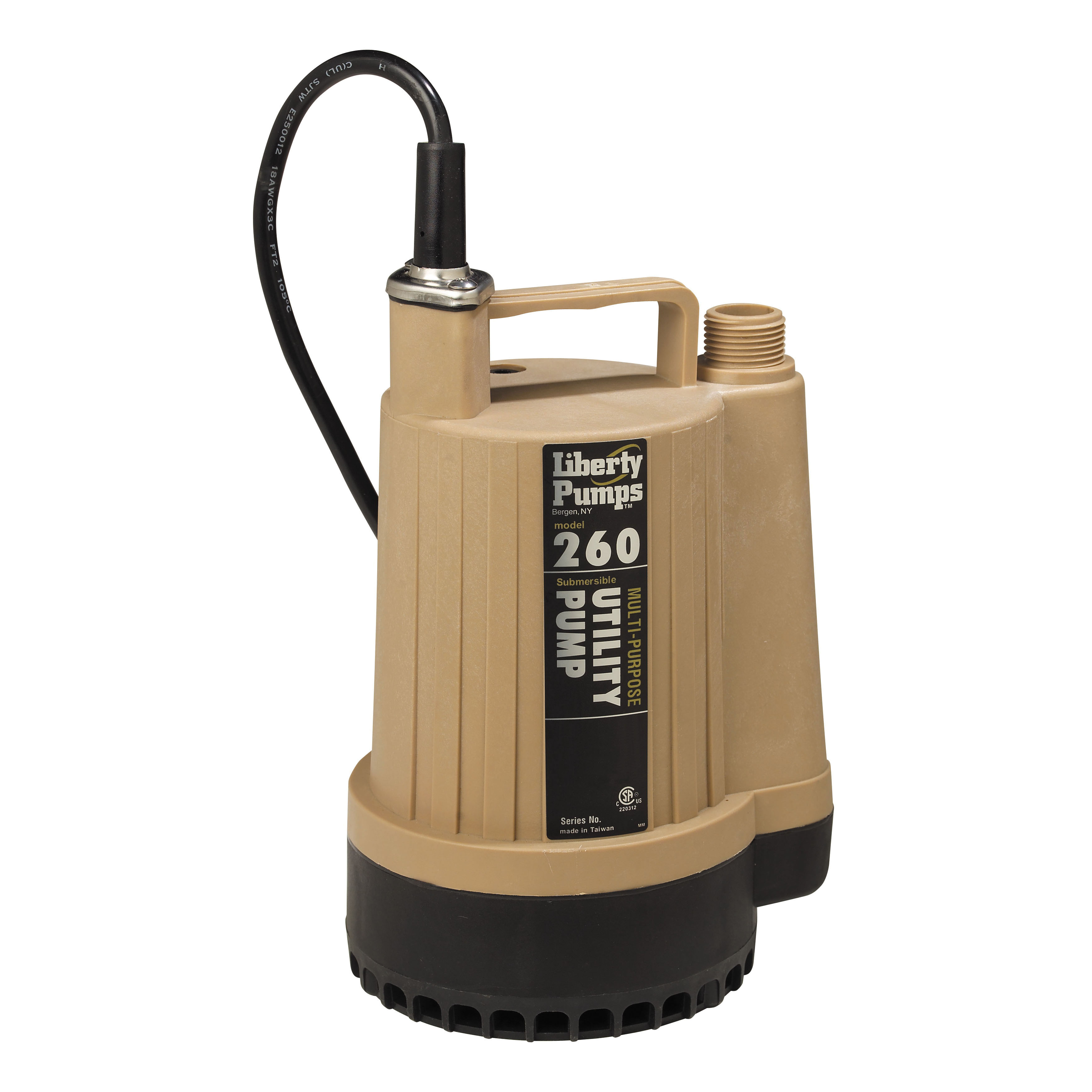 Liberty Pumps 260 Submersible Utility Pump, 15 gpm Flow Rate, 3/4 in NPT Outlet, 1/6 hp, Thermoplastic, Import
