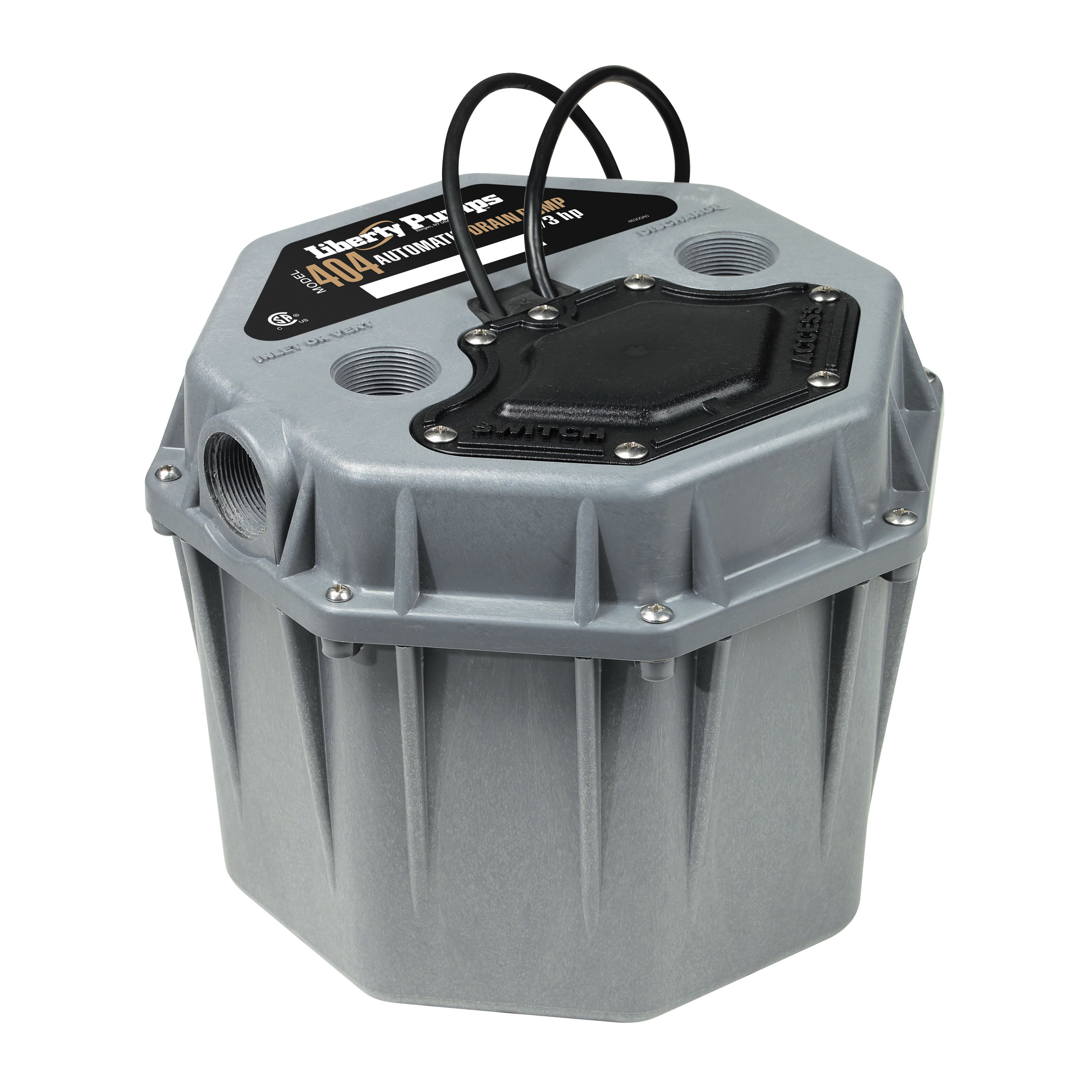 Liberty Pumps 404 Compact Low Profile Fully Automatic Drain Pump, 50 gpm Flow Rate, 1-1/2 in FNPT Inlet x 1-1/2 in FNPT Outlet, 1 ph, 1/3 hp, Polypropylene, Domestic