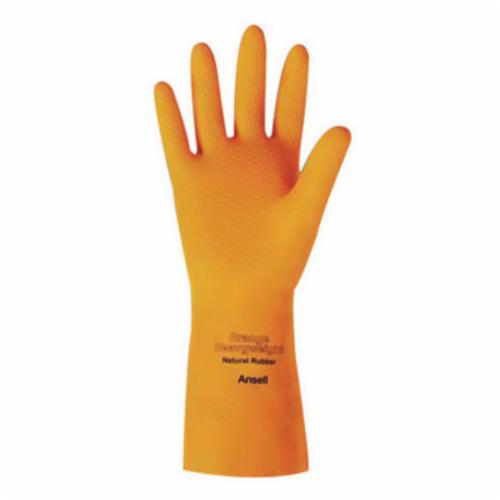 Ansell 192081 87-208 Heavy Duty Chemical-Resistant Gloves, SZ 7, Natural Rubber Latex, Citrus Orange, Flock Lining, 13 in L, Resists: Acid, Alkalis, Ketone and Salt, Unsupported Support, Pinked Cuff, 29 mil THK