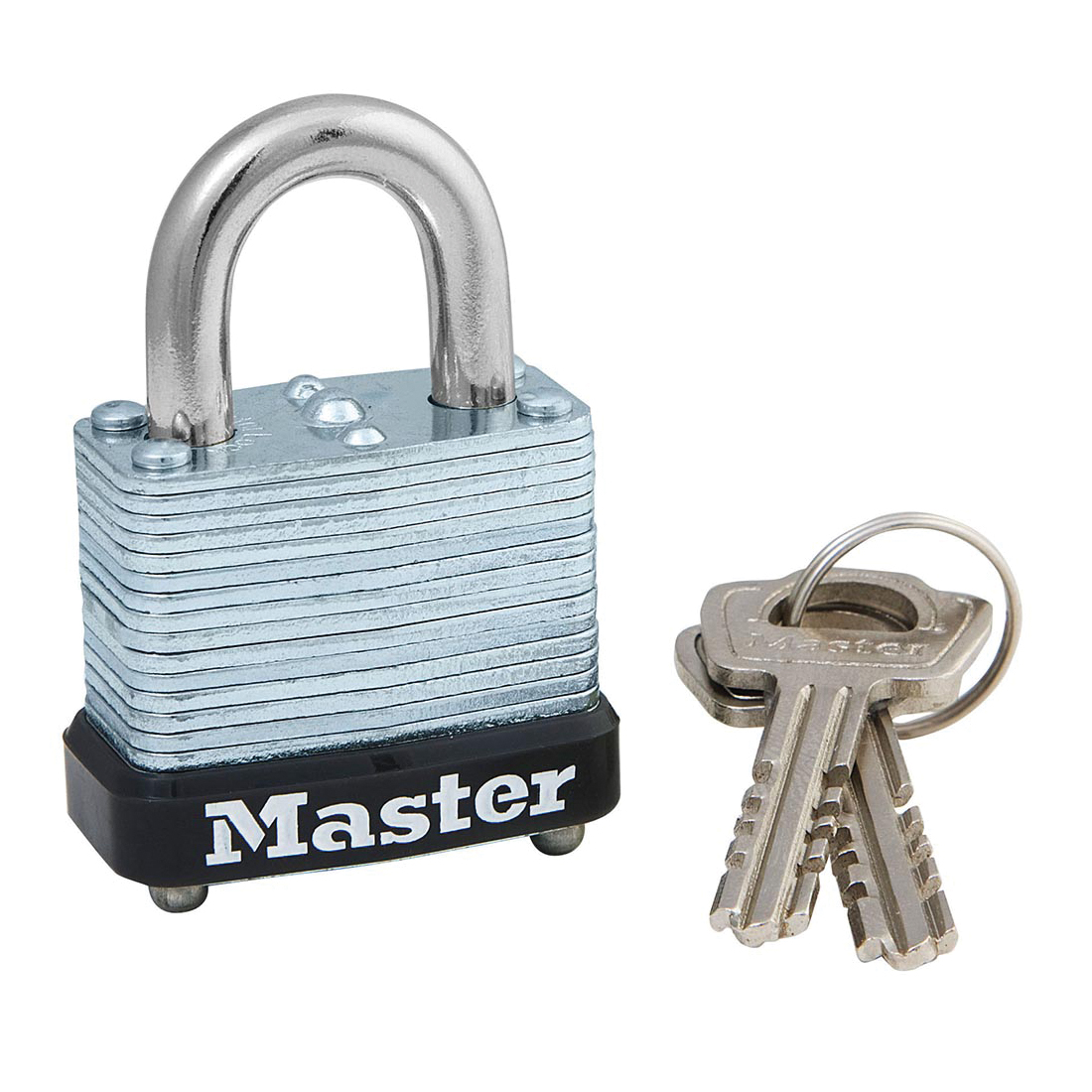 Master Lock 105KA Rectangular Safety Padlock, Alike Key, 3/16 in Shackle, Laminated Steel Body, Silver, Warded/Single Lever Locking