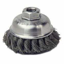 Mighty-Mite 13153 Single Row Cup Brush, 3-1/2 in Dia Brush, 3/8-24 UNF Arbor Hole, 0.023 in Dia Filament/Wire, Standard/Twist Knot, Steel Fill