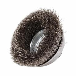 Mighty-Mite 13188 Cup Brush, 3-1/2 in Dia Brush, 5/8-11 UNC Arbor Hole, 0.014 in Dia Filament/Wire, Crimped, Stainless Steel Fill