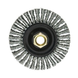 Mini Roughneck 13138V Narrow Face Vending Ready Wheel Brush With Nut, 4 in Dia Brush, 3/16 in W Face, 0.02 in Dia Stringer Bead Knot Filament/Wire, 5/8-11 Arbor Hole