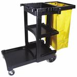 Rubbermaid FG617388BLA Multi-Shelf Cleaning Cart With Zippered Yellow Bag, 25 gal Trash Bag, 3 Shelves, Structural Web Plastic, Black, 46 in L x 21.8 in W x 38.4 in D