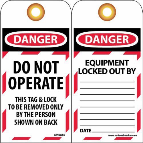 NMC LOTAG10 Lockout Tag, 6 in H x 3 in W, Black/Red/White, 3/8 in Hole, Unrippable Vinyl