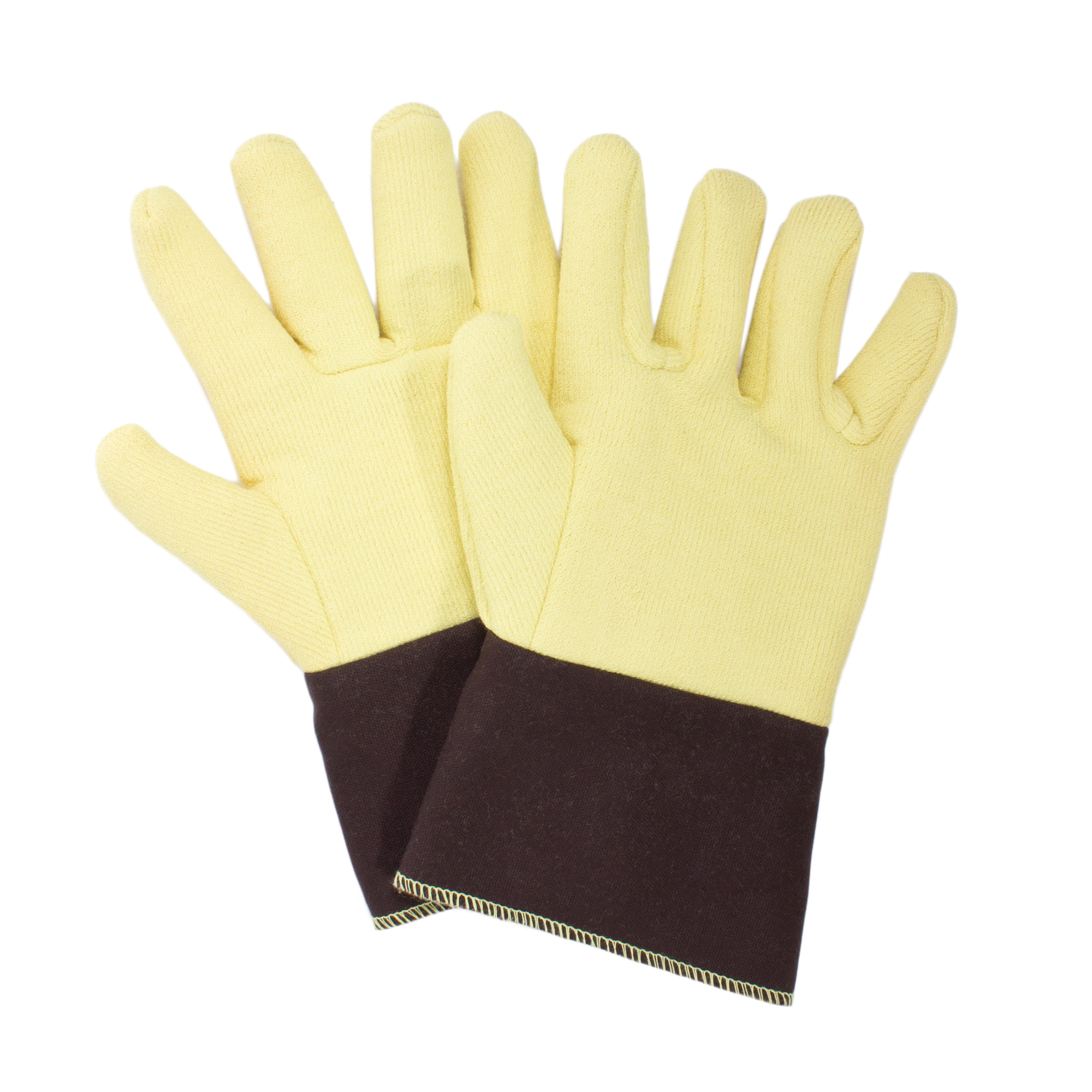 CutGuard G43RTRF01012 Reversed Heat-Resistant Gloves, L, ANSI Heat Level: 4, Kevlar Terry Cloth, Brown/Yellow, Wool Lining, Duck Cuff, 12 in L, Resists: Cut and Heat, 500 deg F Max
