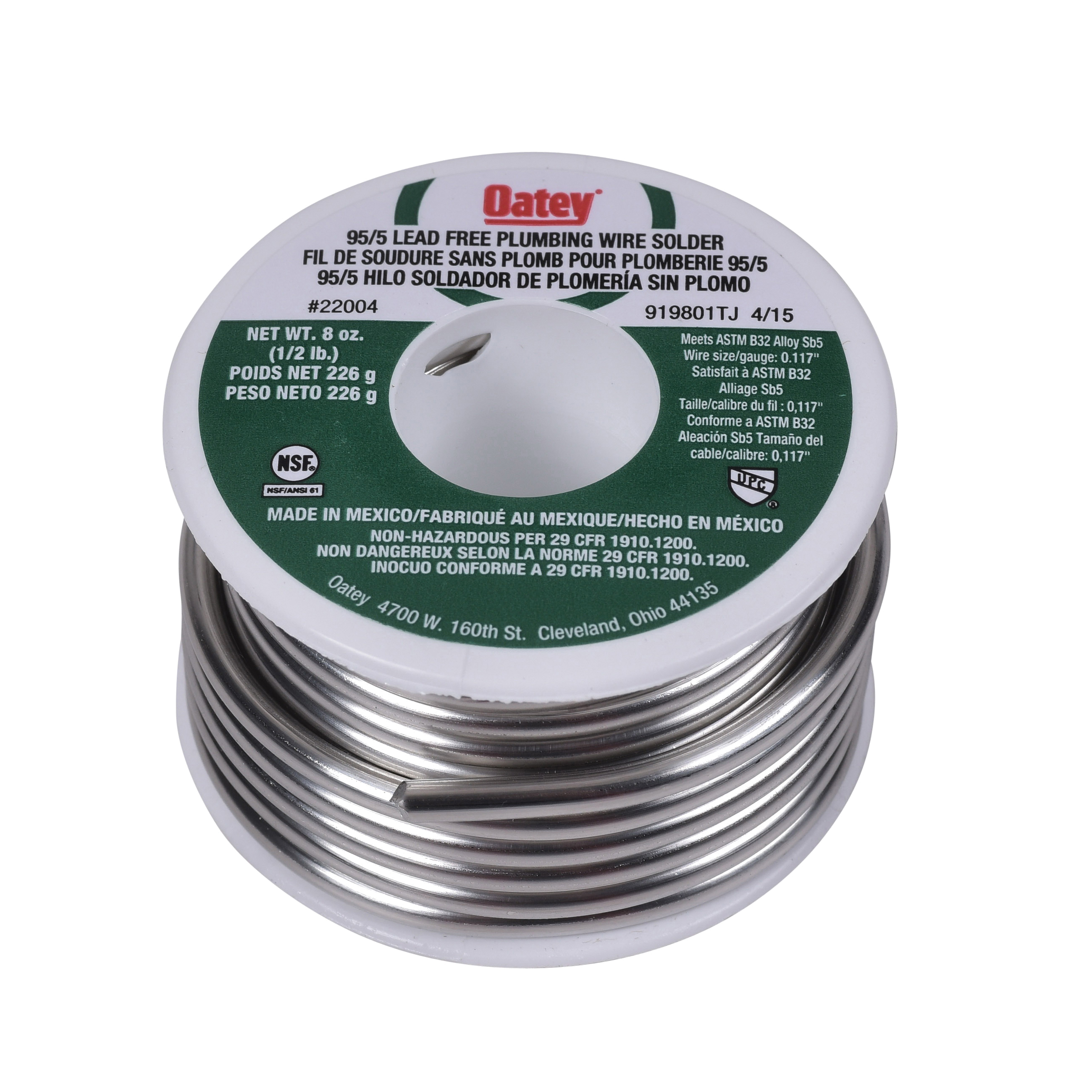 Oatey 22004 Solid Silver Wire Solder, 450 to 464 deg F Melting, 0.5 lb, Alloy