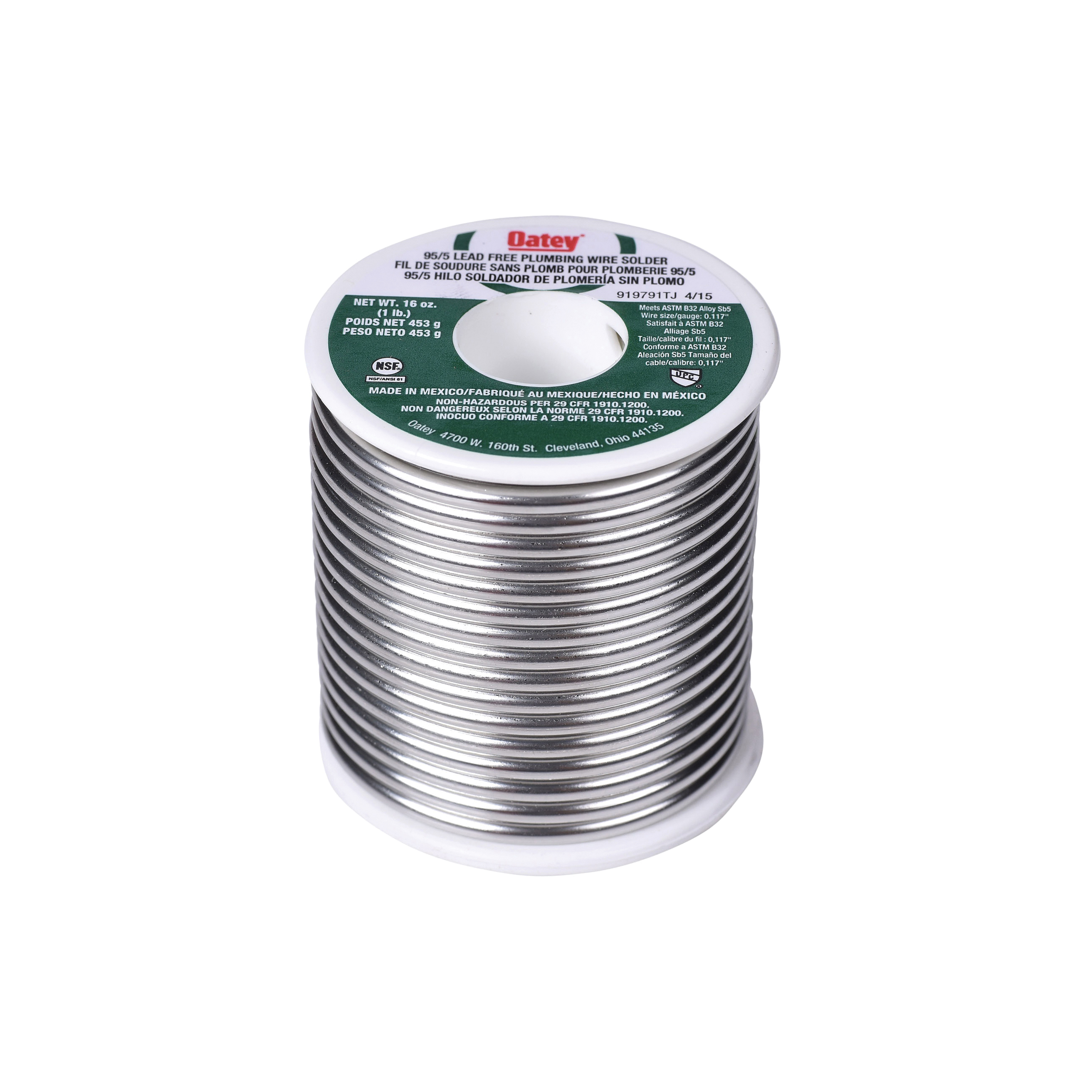 Oatey 22017 Solid Silver Wire Solder, 450 to 464 deg F Melting, 1 lb, Alloy