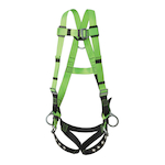 PEAKWORKS V8002210 Contractor 5-Point Adjustment Safety Harness, Universal, 400 lb Load, Grommet Leg Strap Buckle, Pass-Thru Chest Strap Buckle, Friction Shoulder Strap Buckle, Hi-Viz Green/Black