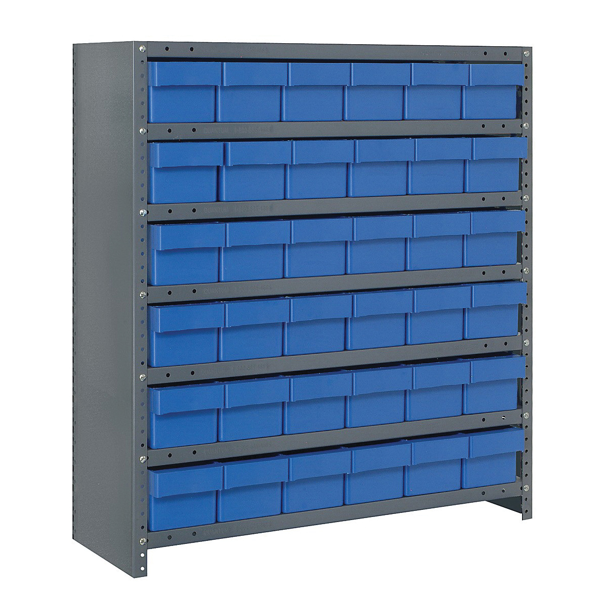 Quantum CL1239-601BL Closed Heavy Duty High Density Bin Shelving System, 39 in H x 36 in W x 12 in D, 7 Shelves, 36 Bins