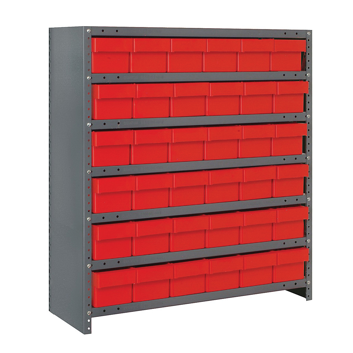 Quantum CL1239-601RD Closed Heavy Duty High Density Bin Shelving System, 39 in H x 36 in W x 12 in D, 7 Shelves, 36 Bins