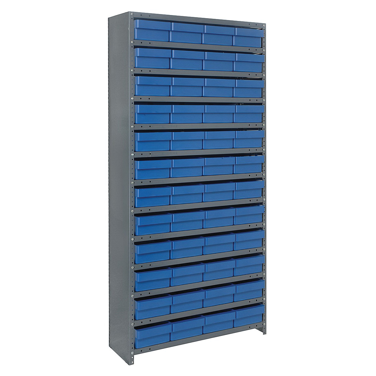 Quantum CL1275-701BL Closed Heavy Duty High Density Bin Shelving System, 75 in H x 36 in W x 12 in D, 13 Shelves, 48 Bins