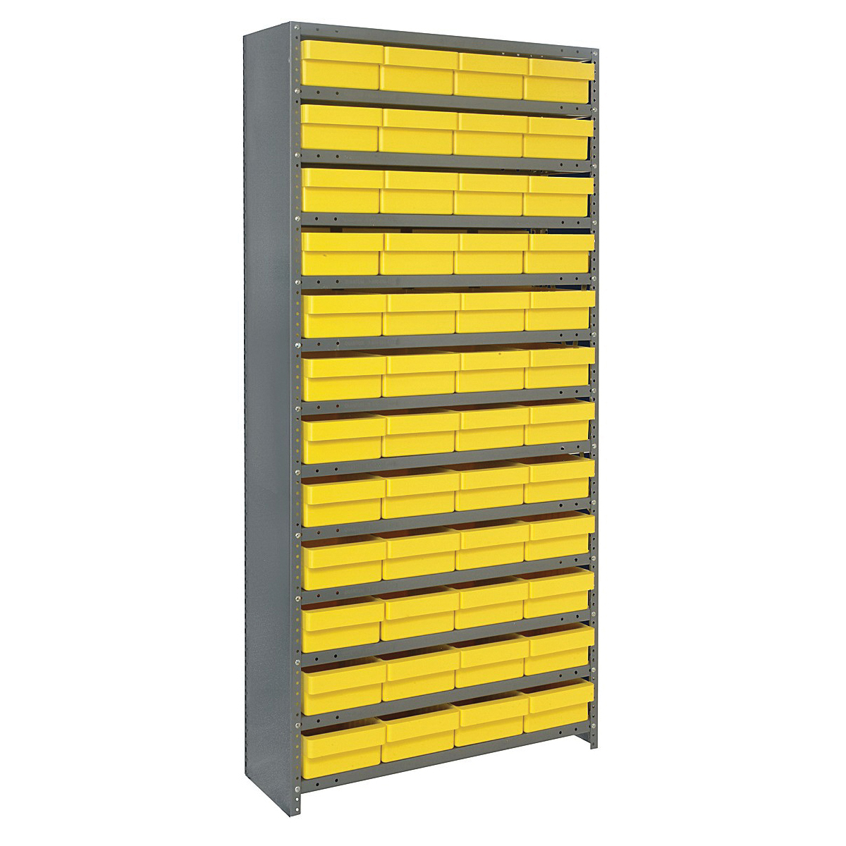 Quantum CL1275-701YL Closed Heavy Duty High Density Bin Shelving System, 75 in H x 36 in W x 12 in D, 13 Shelves, 48 Bins