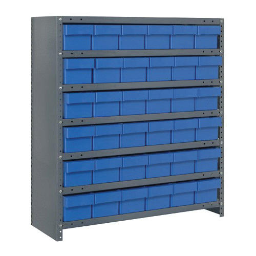 Quantum CL1839-602BL Closed Heavy Duty High Density Bin Shelving System, 39 in H x 36 in W x 18 in D, 7 Shelves, 36 Bins