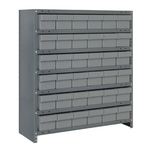 Quantum CL1839-602GY Closed Heavy Duty High Density Bin Shelving System, 39 in H x 36 in W x 18 in D, 7 Shelves, 36 Bins