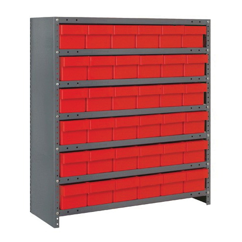 Quantum CL1839-602RD Closed Heavy Duty High Density Bin Shelving System, 39 in H x 36 in W x 18 in D, 7 Shelves, 36 Bins