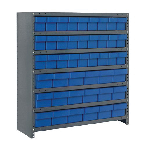 Quantum CL1839-624BL Closed Heavy Duty High Density Bin Shelving System, 39 in H x 36 in W x 18 in D, 7 Shelves, 45 Bins