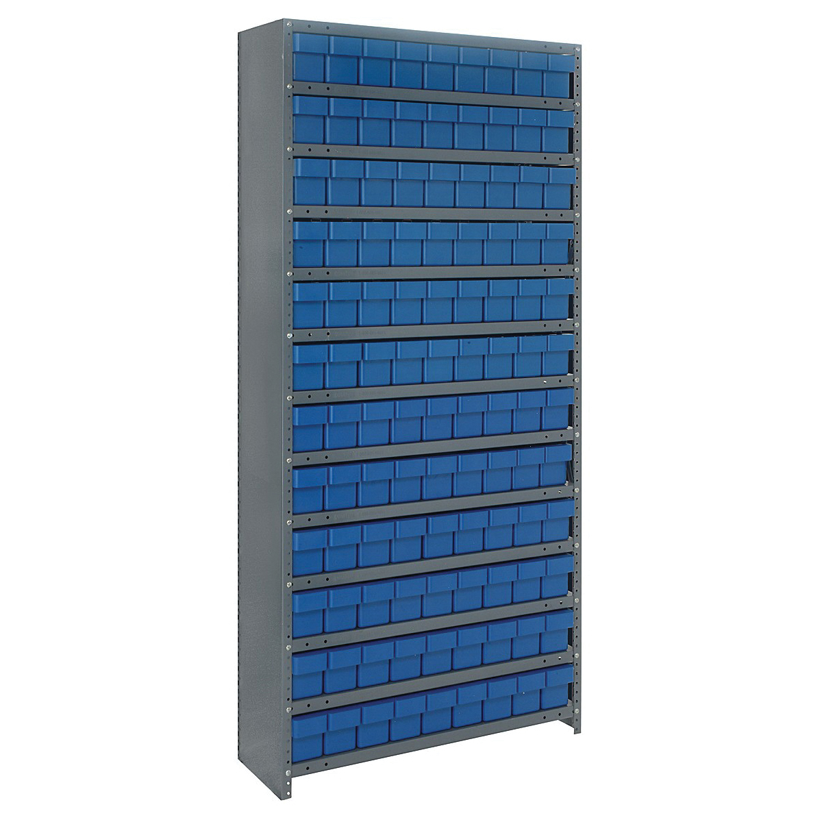Quantum CL1875-604BL Closed Heavy Duty High Density Bin Shelving System, 75 in H x 36 in W x 18 in D, 13 Shelves, 108 Bins