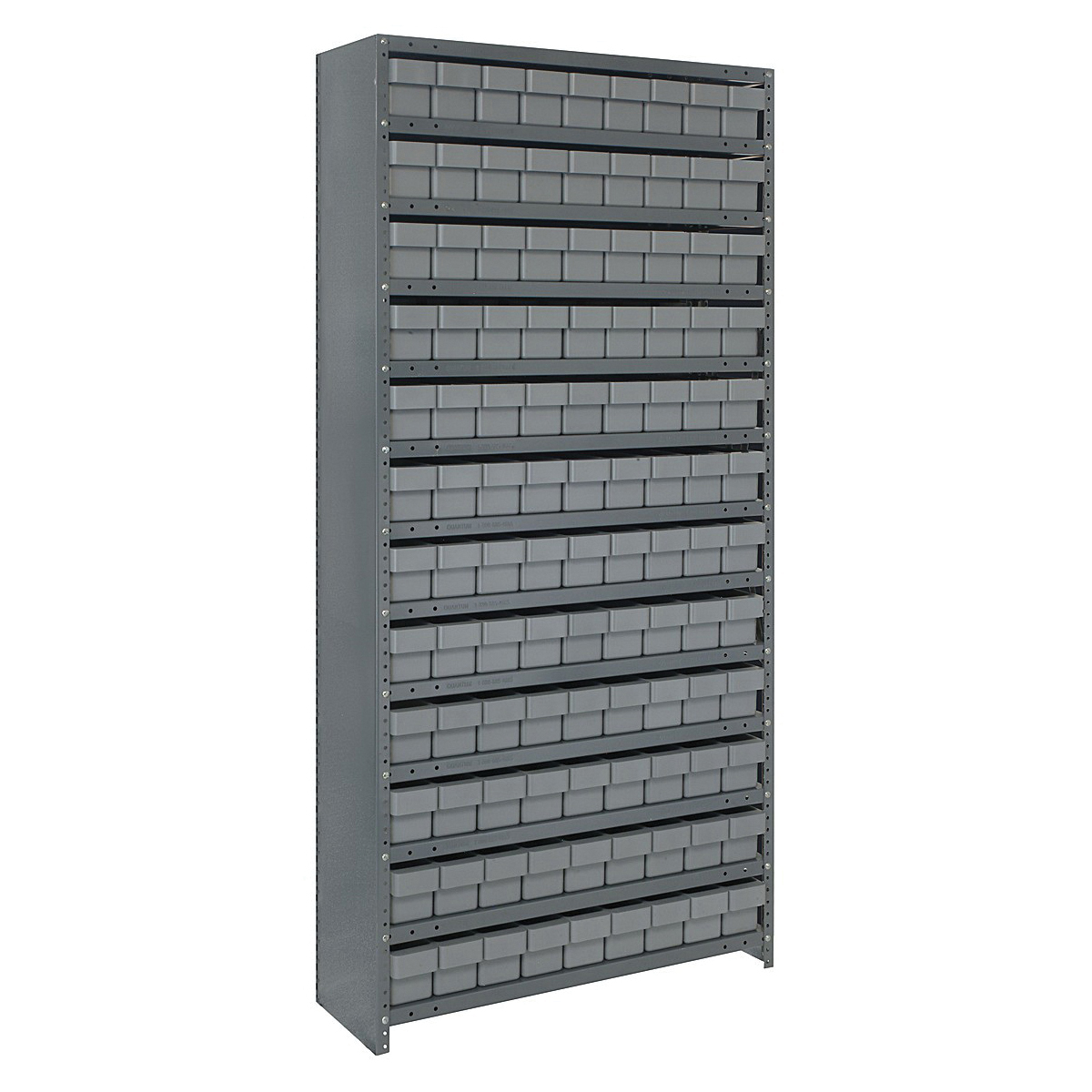 Quantum CL1875-604GY Closed Heavy Duty High Density Bin Shelving System, 75 in H x 36 in W x 18 in D, 13 Shelves, 108 Bins