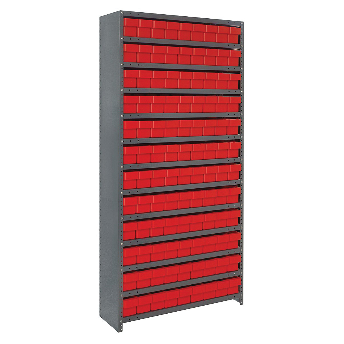Quantum CL1875-604RD Closed Heavy Duty High Density Bin Shelving System, 75 in H x 36 in W x 18 in D, 13 Shelves, 108 Bins