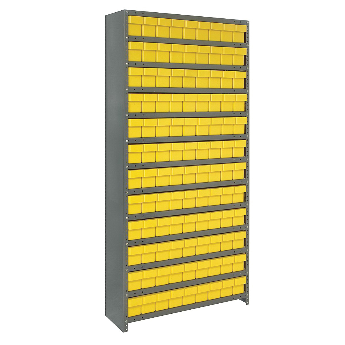 Quantum CL1875-604YL Closed Heavy Duty High Density Bin Shelving System, 75 in H x 36 in W x 18 in D, 13 Shelves, 108 Bins
