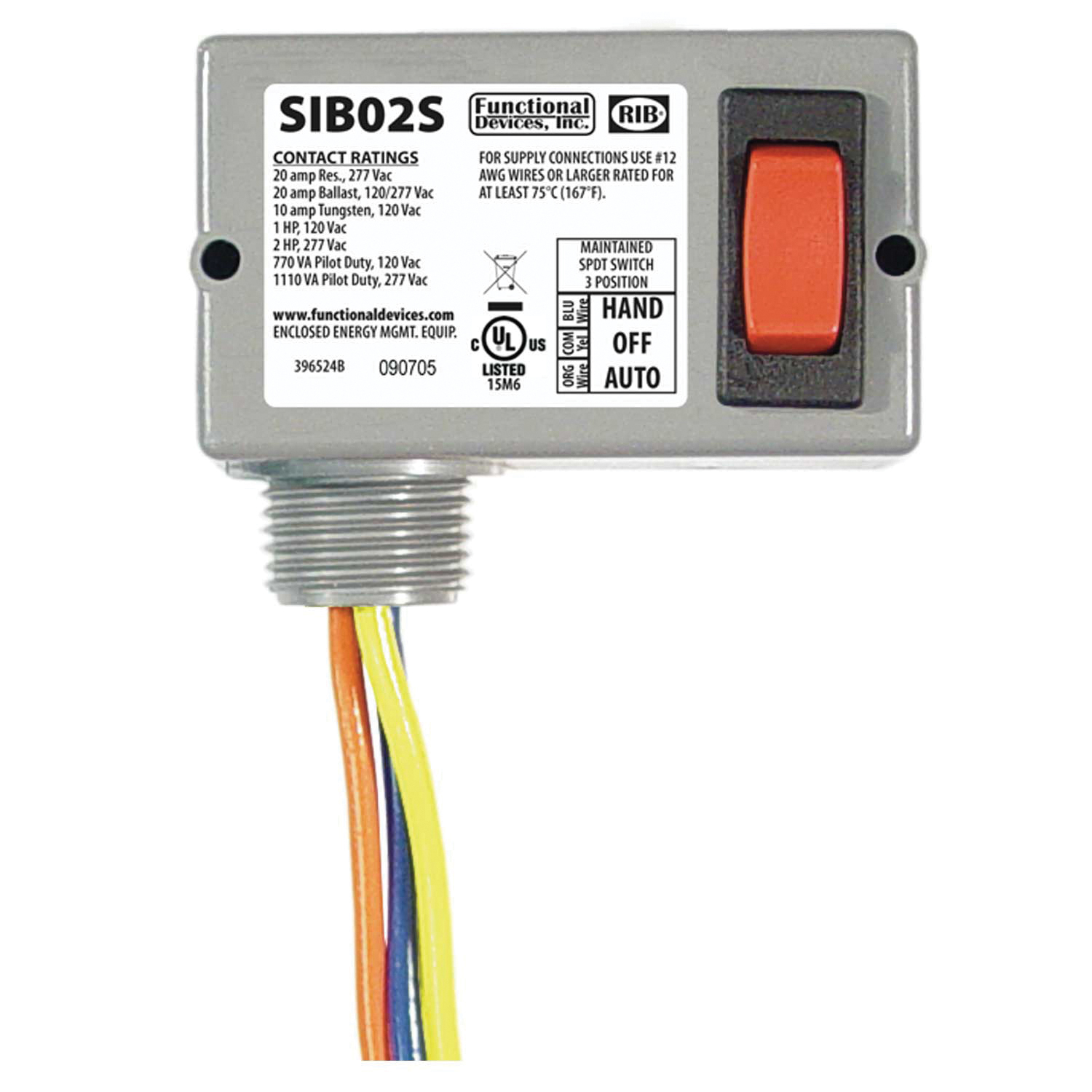 RIB SIB02S Enclosed Switch With 1/2 in NPT Nipple, 20 A, SPDT Contact, 20 A at 277 VAC Contact