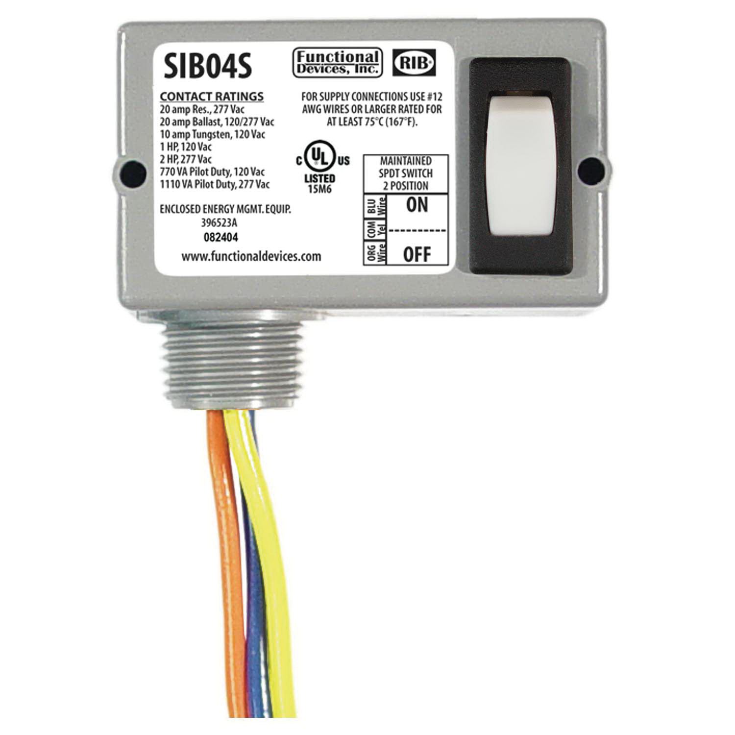 RIB SIB04S Enclosed Switch With 1/2 in NPT Nipple, 20 A, SPDT Contact, 20 A at 277 VAC Contact