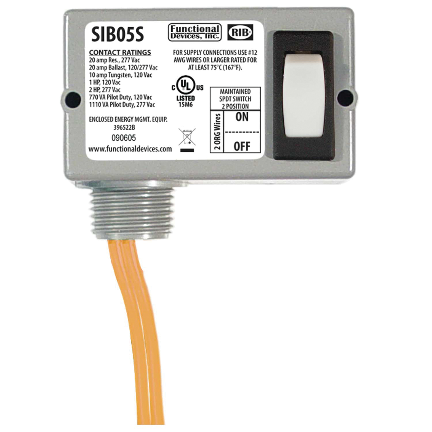 RIB SIB05S Enclosed Switch With 1/2 in NPT Nipple, 20 A, SPDT Contact, 20 A at 277 VAC Contact