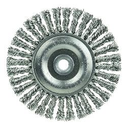 Roughneck 08954 Narrow Face Wheel Brush With Nut, 4 in Dia Brush, 3/16 in W Face, 0.02 in Dia Stringer Bead Knot Filament/Wire, 1/2 to 3/8 in Arbor Hole