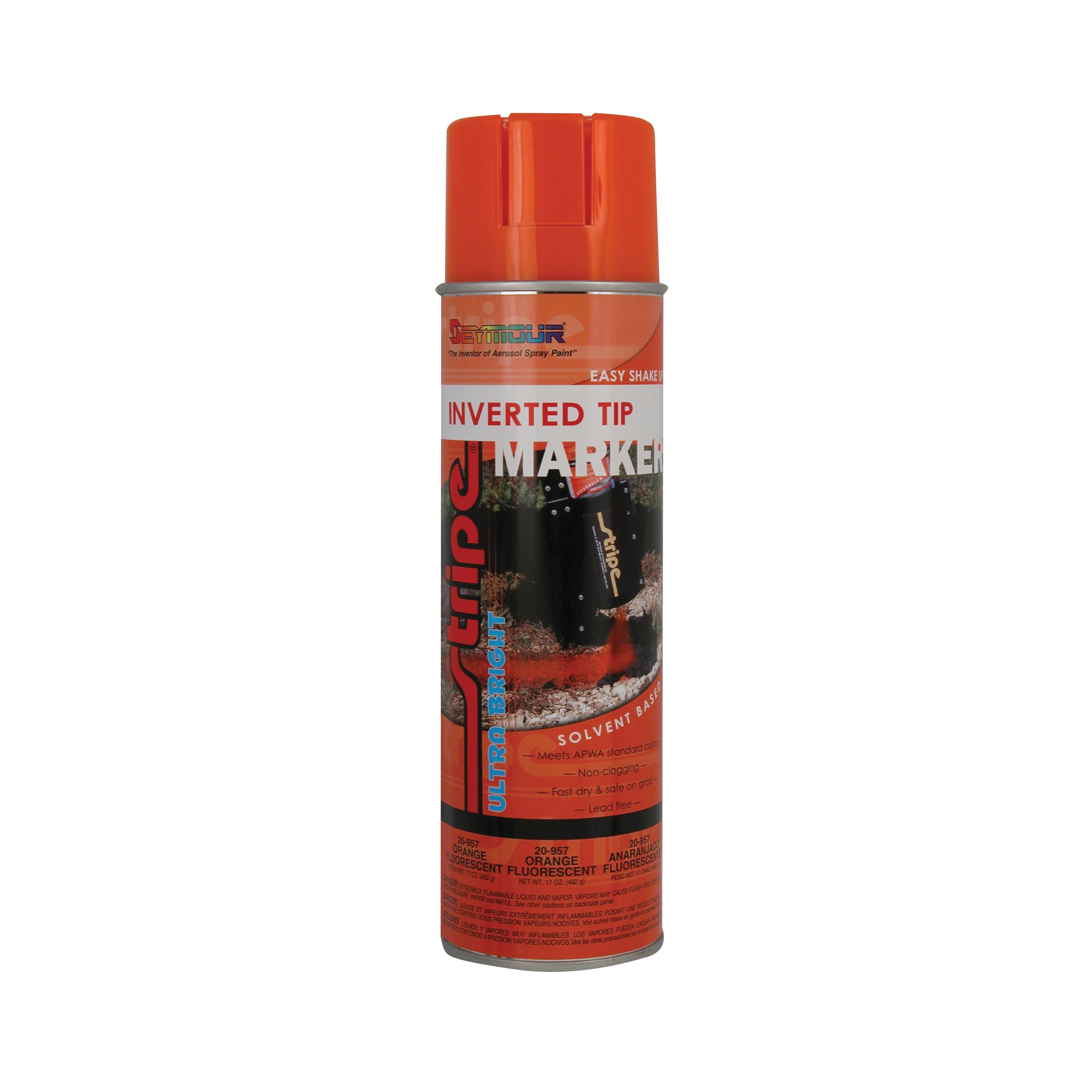 Seymour 20-957 Stripe Inverted Tip Solvent Base Spray Paint, 20 oz Container, Aerosal Spray Form, Fluorescent Orange, 500 linear ft Coverage