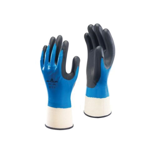 Atlas by Showa Best 377-08 General Purpose Gloves, Coated, Seamless Knit Style, 8/L, Polyester Palm, Polyester, Blue/Black, Elastic/Knit Wrist Cuff, Foam Nitrile Coating, Resists: Liquid