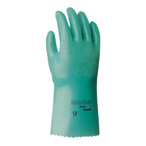 Sol-Knit 217804 39-124 Chemical-Resistant Gloves, SZ 7, Nitrile, Green, Cotton Interlock Knit Wrist Lining, 14 in L, Resists: Abrasive Surface, Sharp Edge, Chemical, Oil, Grease, Acid and Solvent, Supported Support, Gauntlet Cuff