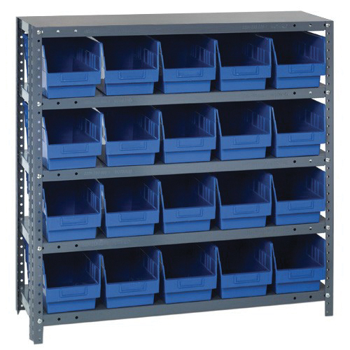 Store-More 1239-202BL Bin Shelving System, 39 in H x 36 in W x 12 in D, 5 Shelves, 20 Bins