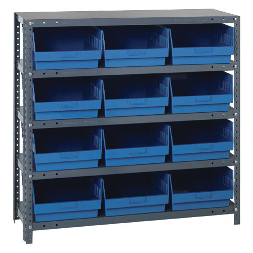 Store-More 1239-209BL Bin Shelving System, 39 in H x 36 in W x 12 in D, 5 Shelves, 12 Bins