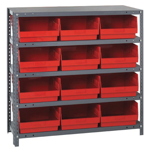 Store-More 1239-209RD Bin Shelving System, 39 in H x 36 in W x 12 in D, 5 Shelves, 12 Bins
