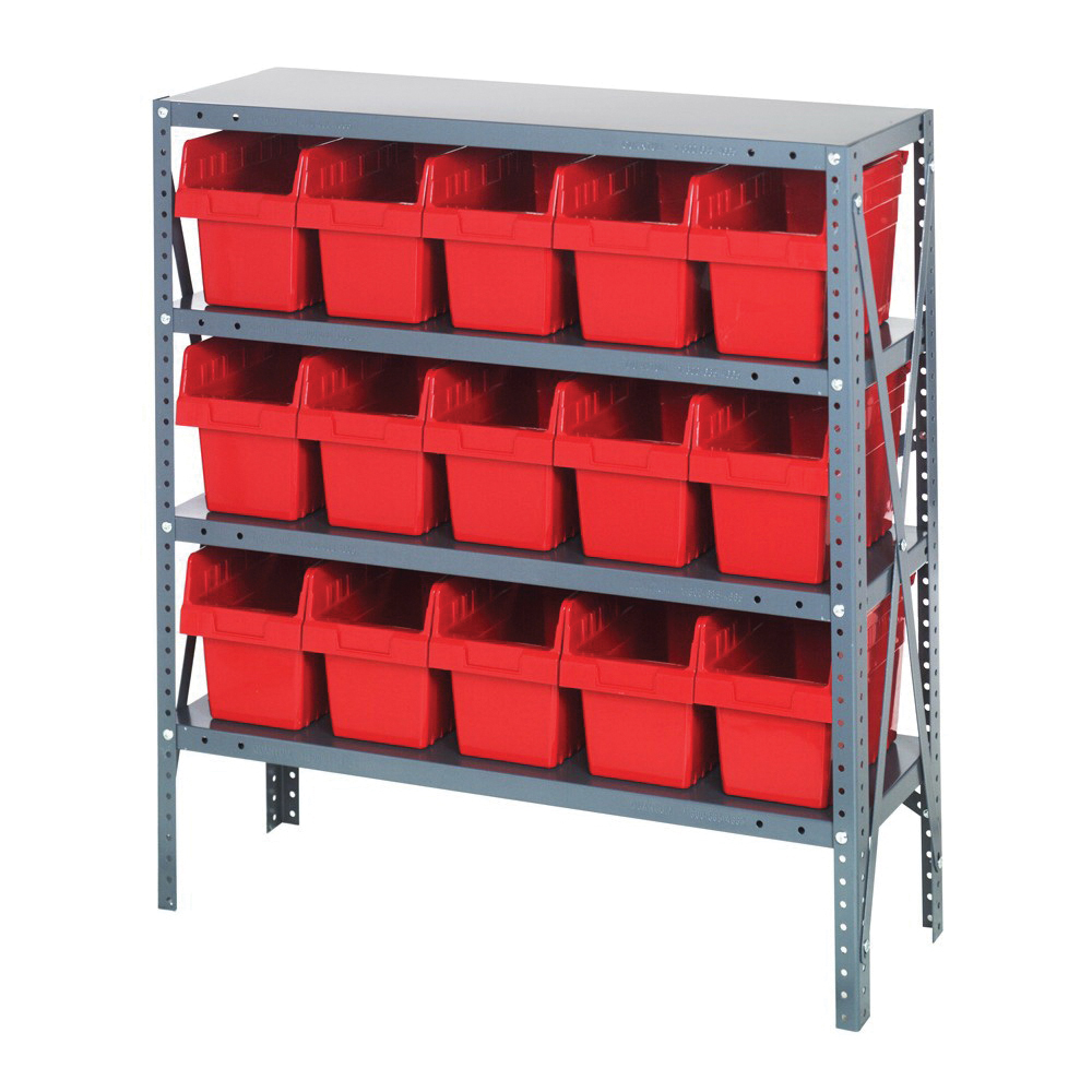 Store-More 1239-SB802RD Bin Shelving System, 39 in H x 36 in W x 12 in D, 4 Shelves, 15 Bins