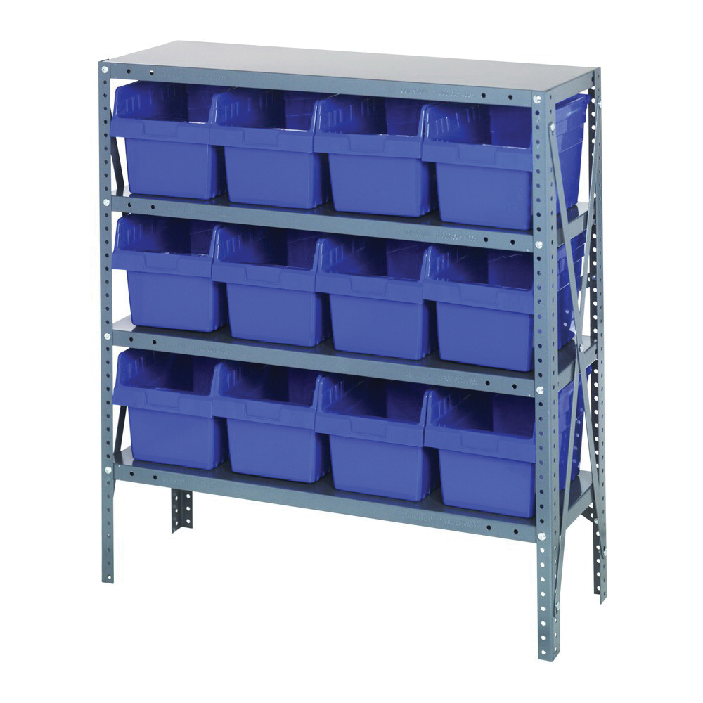 Store-More 1239-SB807BL Bin Shelving System, 39 in H x 36 in W x 12 in D, 4 Shelves, 12 Bins