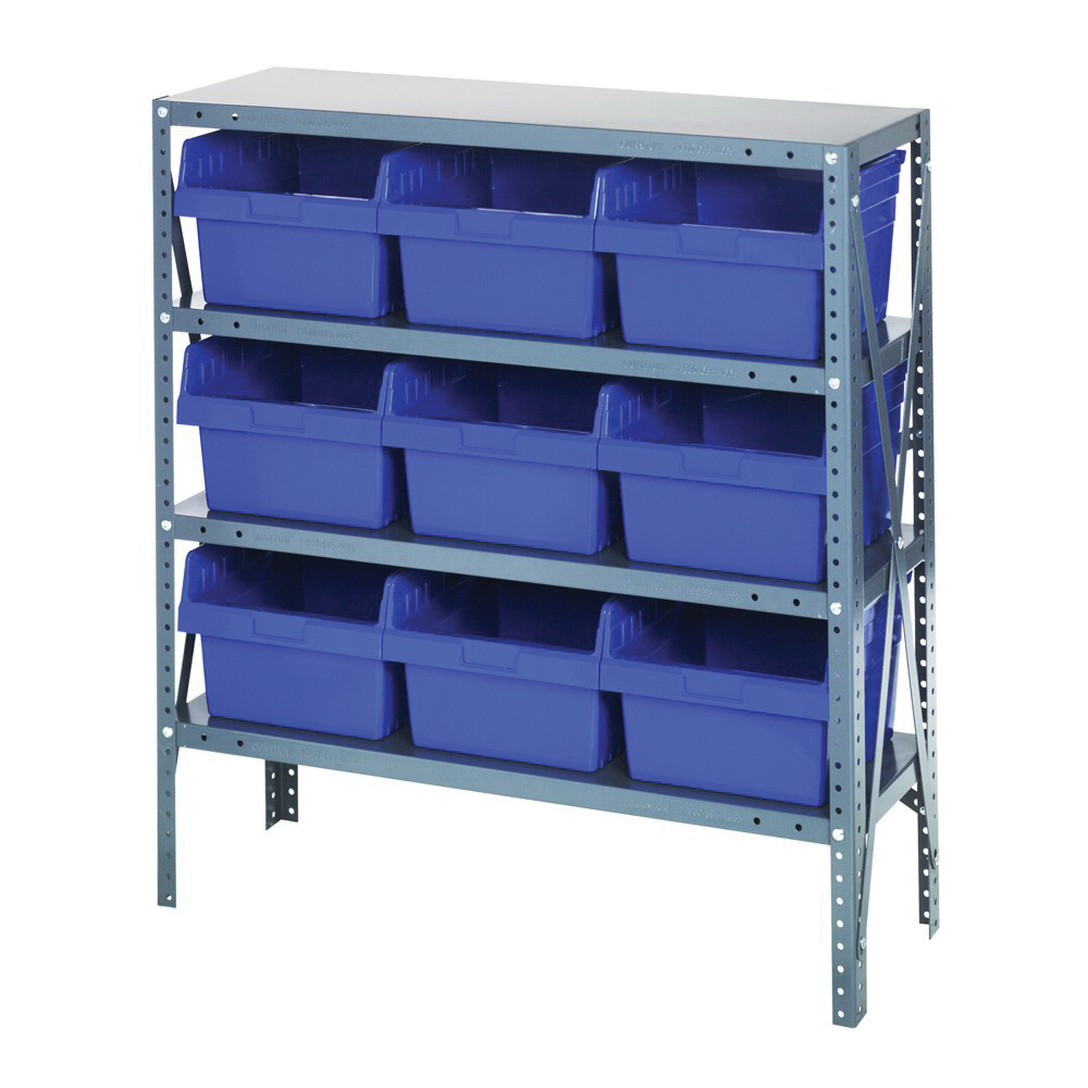 Store-More 1239-SB809BL Bin Shelving System, 39 in H x 36 in W x 12 in D, 4 Shelves, 9 Bins